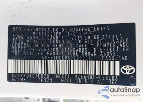 2025 Toyota Corolla Le из США, поврежденный, VIN 5YFB4MDE0SP293367